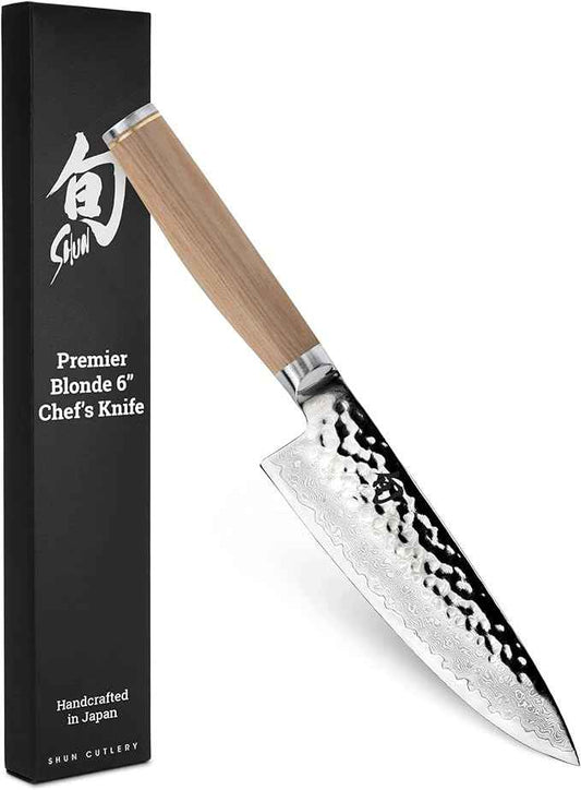 Shun Premier Blonde 6" Chef's Knife, Handcrafted Japanese Kitchen Knife for Professional and Home Chefs, VG-MAX Core with Damascus Stainless Steel Cladding, Pakkawood Handle