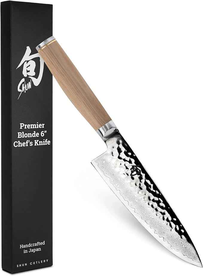 Shun Premier Blonde 6" Chef's Knife, Handcrafted Japanese Kitchen Knife for Professional and Home Chefs, VG-MAX Core with Damascus Stainless Steel Cladding, Pakkawood Handle