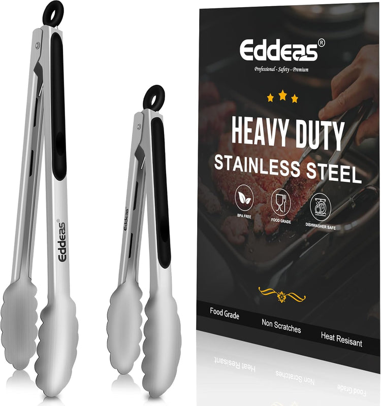 Kitchen Tongs - 9" and 12" Tongs for cooking, Heat Resistant 600 Degrees Stainless Steel Metal Tong and Non-Slip Handle - Perfect for Cooking, Salad and BBQ, Set of 2