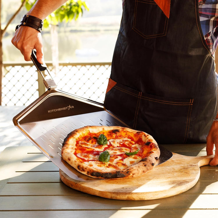 KitchenStar Perforated Pizza Peel 14 inch with 10 inch Folding Handle, Large - Stainless Steel Spatula Paddle for Effortless Pizza Transfer & Easy Storrage - Outdoor Pizza Oven Accessories
