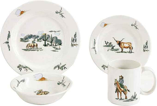 Paseo Road Ranch Life 16 Piece Ceramic Dinnerware Set with Plates, Bowls, Coffee Mugs, Duffle Bag, Cow Longhorn Horse Cowboy Pattern, Southwestern Rustic Cabin Lodge Style