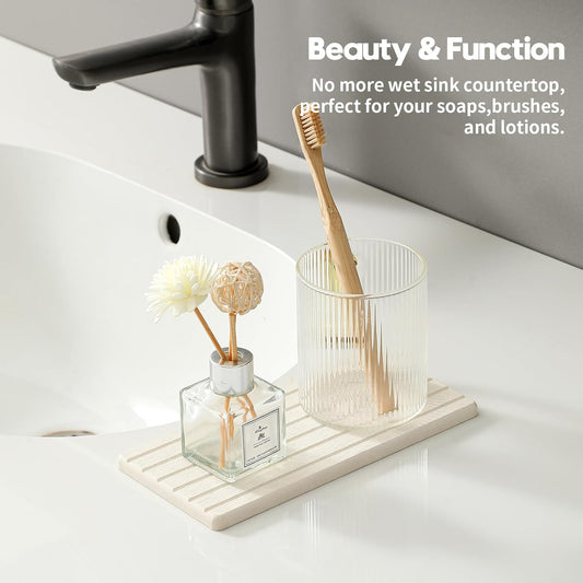 2 Pack Greige Bathroom Sink Vanity Trays, Diatomite Stone Kitchen Counter Caddy Dish Soap Dispenser Sponge Holder, Water Absorbing Mat Organizer for Plant,Cosmetic Bottle, Beige, 8"x3.8"