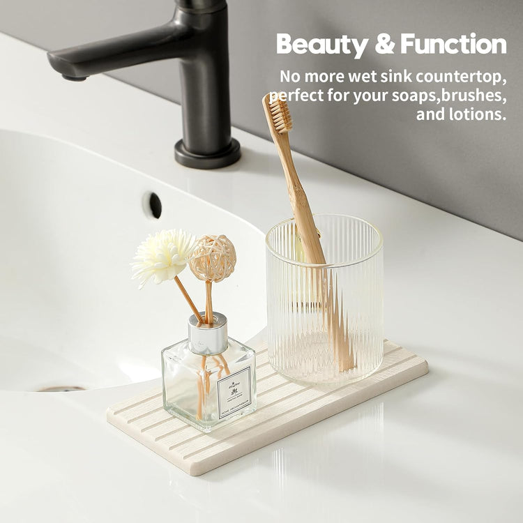 2 Pack Greige Bathroom Sink Vanity Trays, Diatomite Stone Kitchen Counter Caddy Dish Soap Dispenser Sponge Holder, Water Absorbing Mat Organizer for Plant,Cosmetic Bottle, Beige, 8"x3.8"
