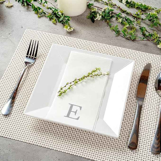Luxenap 15.8 X 7.9 Inch Linen-Feel Guest Towels, 2000 Lettered Hand Towels - Silver Letter 'E', Sans Serif Font, White Paper Dinner Napkins, airlaid, For Restrooms And Tables - Restaurantware