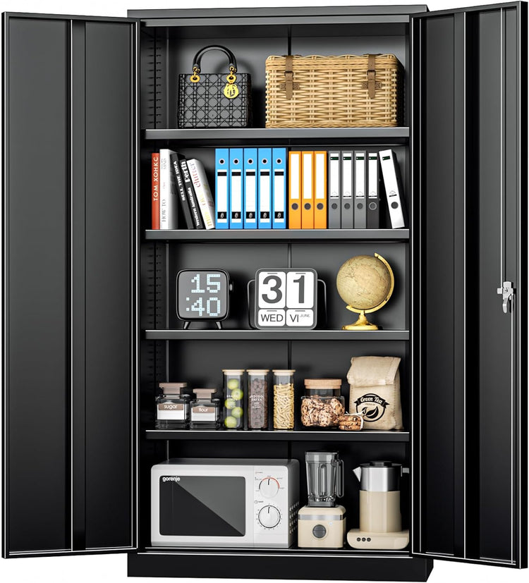 INTERGREAT Metal Storage Cabinets 72” Black Garage Steel Storage Cabinet with Doors and Shelves, Metal Tool Cabinet, Steel File Cabinet for Home Office, Basement, Warehouse, Classroom（Anti Tipping）