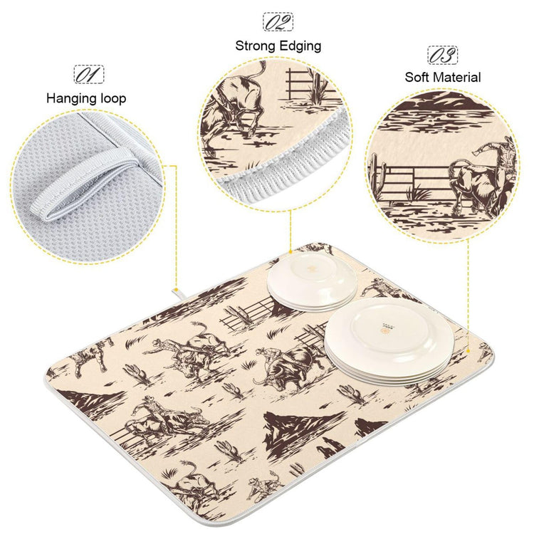 West Cactus Cowboy Dish Drying Mat for Kitchen Counter Absorbent Microfiber Drying Pad
