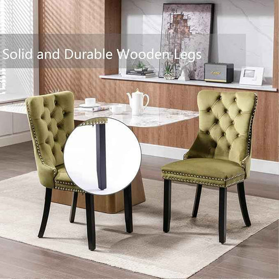 Velvet Dining Chairs Set of 2, Upholstered Dining Room Chairs with Back Ring Pull Trim and Solid Wood Legs,Tufted Wingback Kitchen Chairs for Dining Room,Living Room,Kitchen(Olive Green)