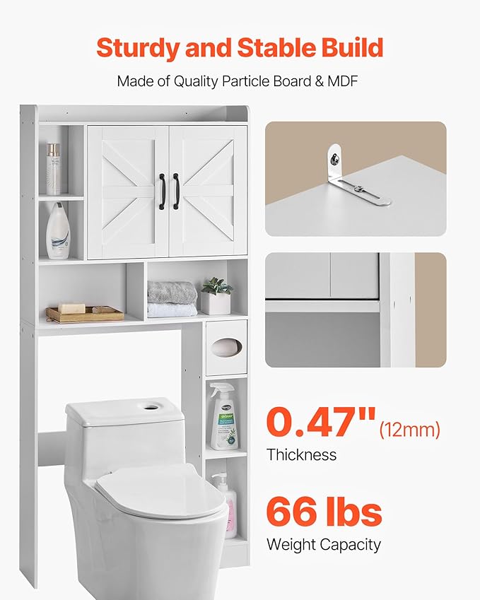VEVOR Over The Toilet Storage Cabinet, 66.14‘’ Height Bathroom Storage Cabinet Over Toilet with Barn Door and Adjustable Shelf, Bathroom Space-Saving Toilet Rack White Wood with Open Shelf