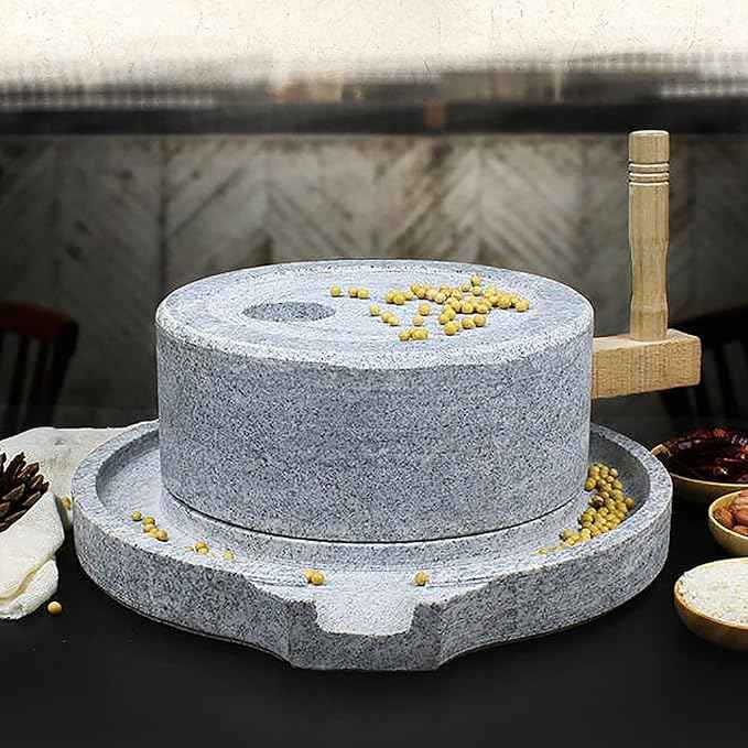 Handmade Granite Stone Mill - Manual Grinder for Rice, Coffee, Wheat & Beans - Heat-Free Grinding for Home Use, & Efficient Kitchen Tool