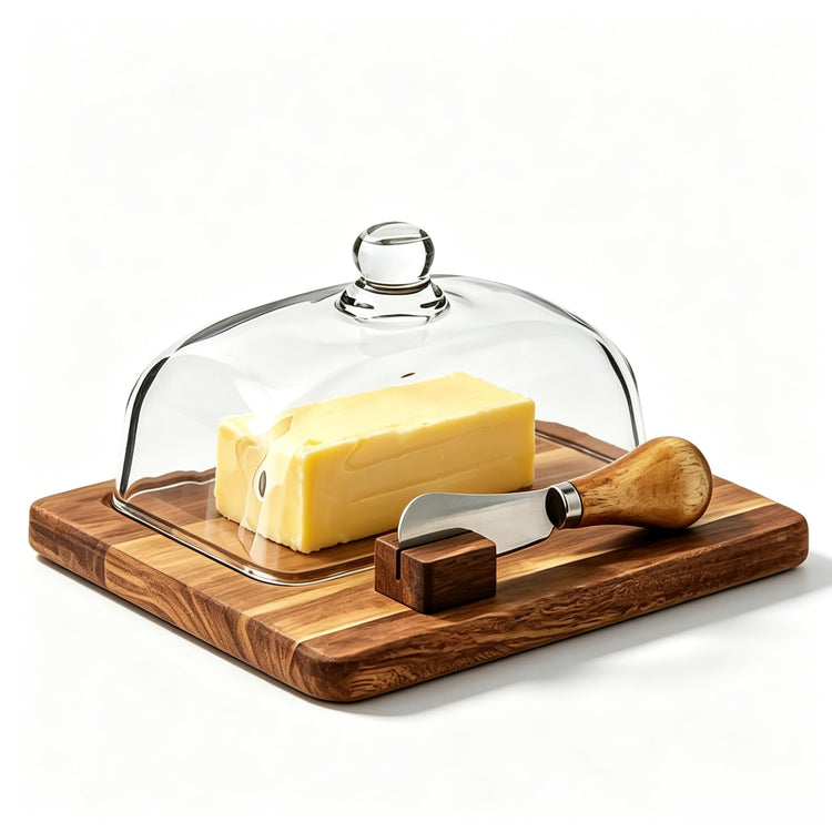 Glass & Acacia Wood Butter Dish with Airtight Glass Lid & Serving Knife