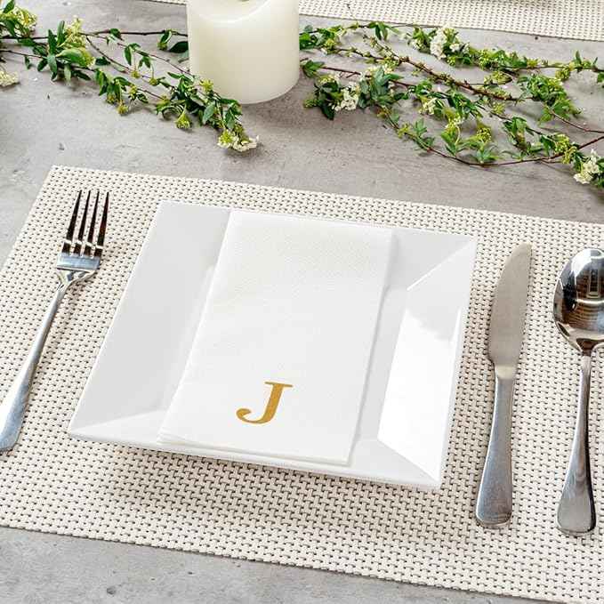 Luxenap 15.8 X 7.9 Inch Linen-Feel Guest Towels, 2000 Lettered Hand Towels - Gold Letter 'J', Sans Serif Font, White Paper Dinner Napkins, airlaid, For Restrooms And Tables