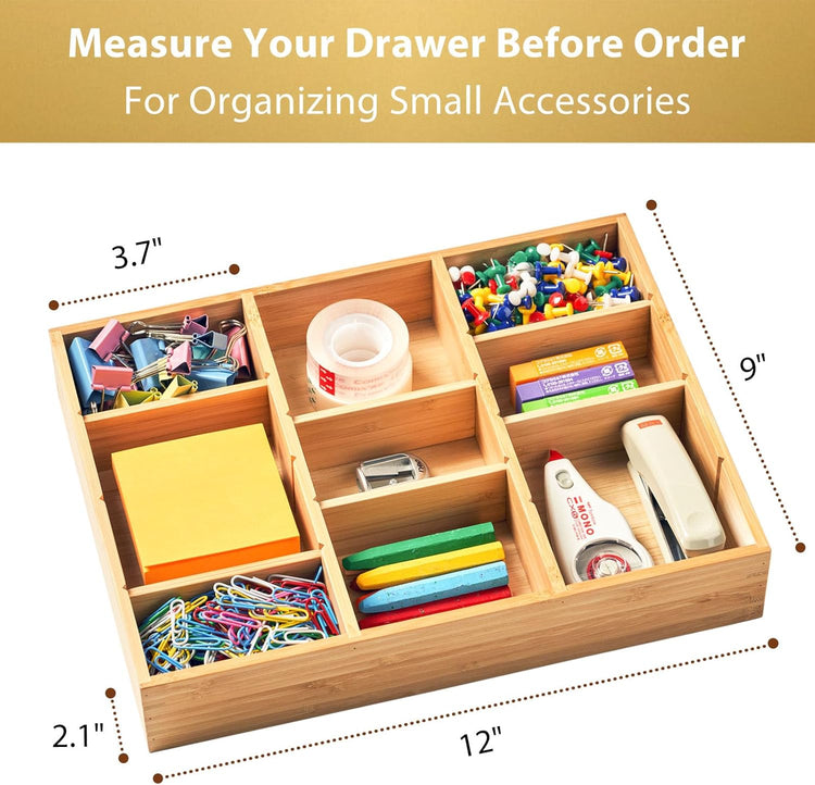 Umilife Desk Drawer Organizer, Bamboo Wood Organizer Tray with Adjustable Compartments, Office Desk Accessories Supplies Organization Storage, 12" x 9"