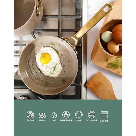 Bloomhouse - Two Time Oprah's Favorite Things Winner - 8 Inch Heavy Duty Aluminum Premium PFA Free Ceramic Nonstick Saute/Deep Frying Pan Skillet - Cappuccino Cream with Gold Handle