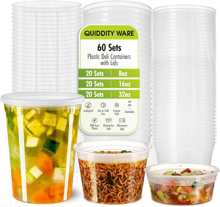 Deli Containers with Leakproof Lids-60 Sets [ 20sets-8oz, 20sets-16oz, 20sets-32oz] BPA-Free Plastic Microwaveable Clear Food Storage Container Premium Heavy-Duty, Freezer & Dishwasher Safe…