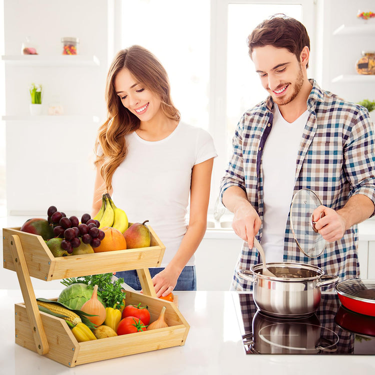 2 Tier Bamboo Fruit Basket for Kitchen Counter