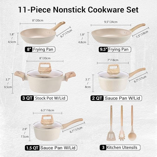 M MELENTA Pots and Pans Set Non Stick, 11pcs Ceramic Cookware Set, Non Toxic Induction Kitchen Cookware Sets, Nonstick Cooking Set with Stay Cool Handle, 100% PFOA Free, Cream