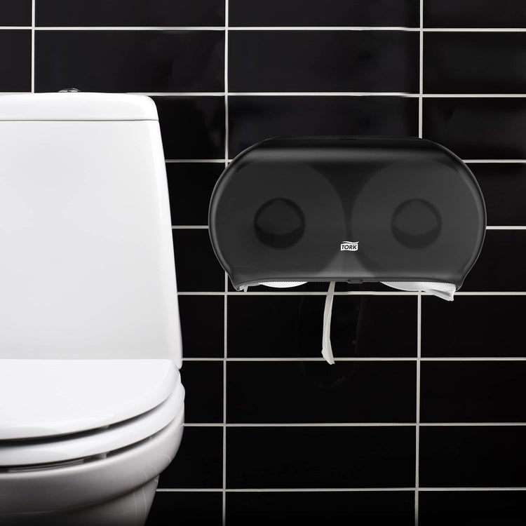Tork Twin Jumbo Toilet Paper Roll Dispenser Smoke T22, Refill Indicator Window, 56TR