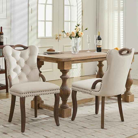 Beige Velvet Dining Chairs Set of 2，Modern Upholstered Dining Room Chairs with Tufted Back and Wood Handles, Curved Solid Wood Legs, Sillas de Comedor