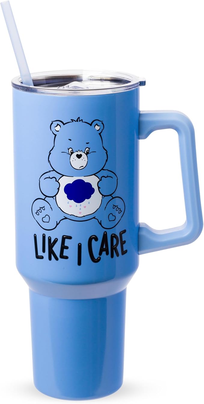 Silver Buffalo Care Bears Grumpy Bear Like I Care Stainless Steel Tumbler with Handle and Straw, Fits in Standard Cup Holder, 40 Ounces (Pack of 12)