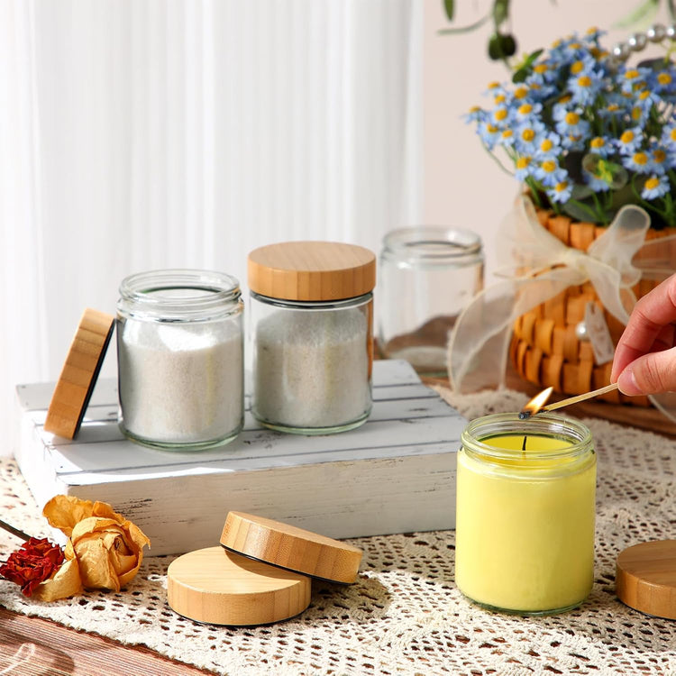 Norme 24 Pcs 8 oz Glass Jars with Lids Empty Small Glass Containers and Inner Liners Reusable Cosmetic Jars Round Airtight Bottles with Plastic Woodgrain Lids for Travel