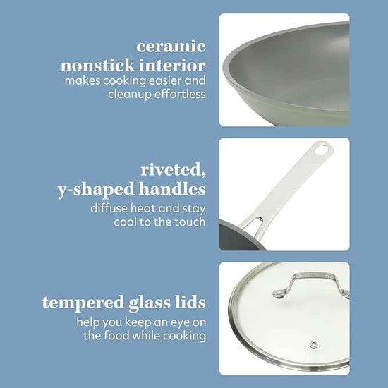Sur La Table Kitchen Essentials Cool Commune Hard Anodized 10 Piece PFA Free Ceramic Non stick Interior Forged Durable Aluminum Pots and Pans Cookware Set - Green - Induction Compatible