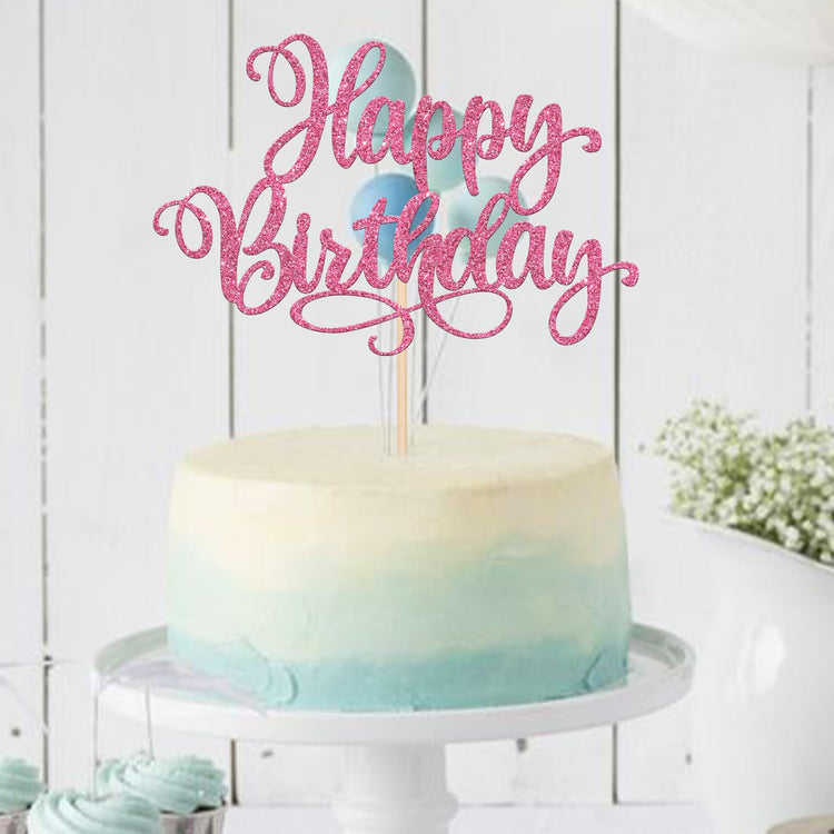 1 PCS Happy Birthday Cake Topper Glitter Happy Birthday Cake Pick for Celebrating Happy Birthday Anniversary Party Cake Decorations Supplies Pink