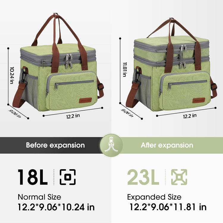 Maelstrom Lunch Bag Women,23L Insulated Lunch Box For Men Women,Expandable Double Deck Lunch Cooler Bag,Lightweight Leakproof Lunch Tote Bag With Side Tissue Pocket,Green