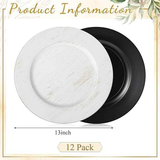 Tanlade 12 Pcs Charger Plates Bulk 13 Inch Plastic Vintage Wedding Chargers Floral Decorative Plates with Metallic Ruffled Rim for Wedding Party, Holiday Event Supplies(White)