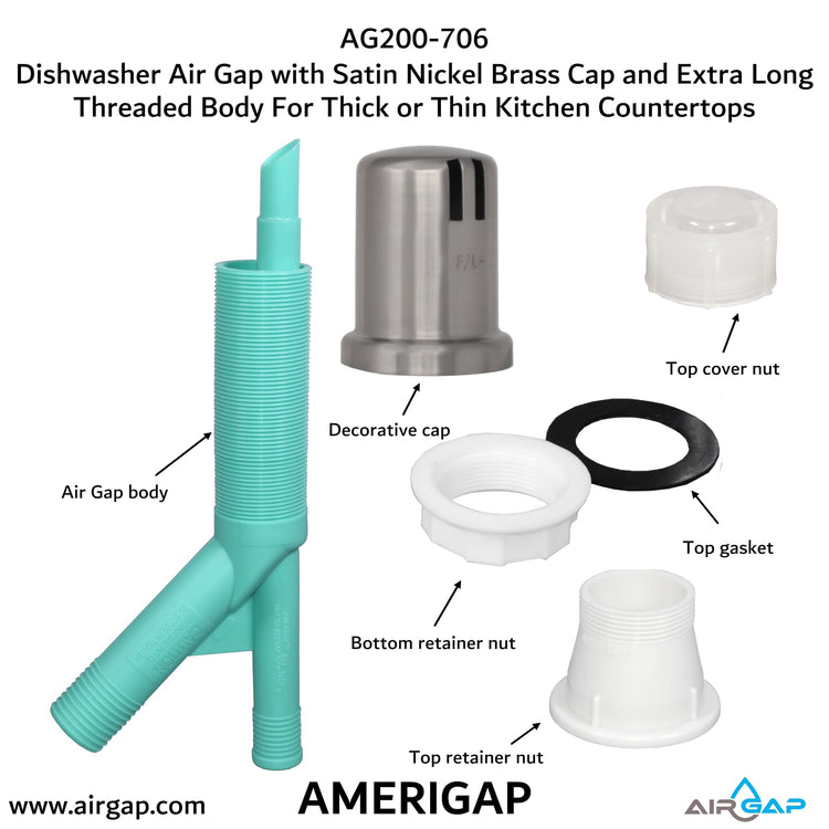 Dishwasher Air Gap with Skirted Satin Nickel Brass Cap and Extra Long Threaded Body for Thick or Thin Kitchen Countertops