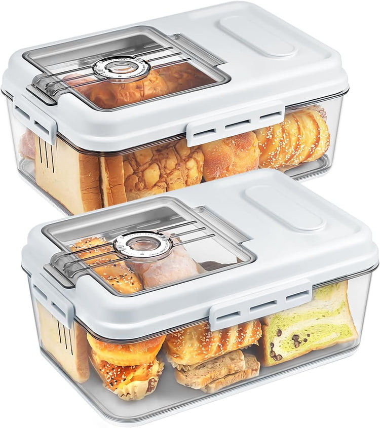 Dynta 2 Pack Bread Box for Kitchen Countertop Airtight Bread Storage Container with Lid Time Recording Plastic Bread Keeper for Homemade Bread, Toast, Loaf and Cookies