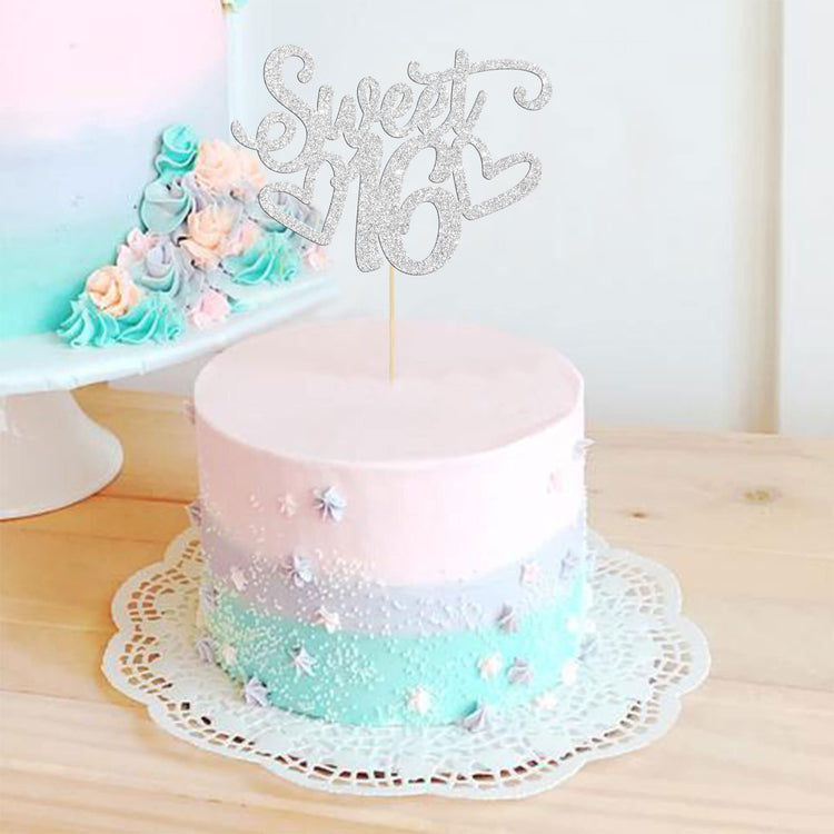 1Pc Sweet Teenager 16 Cake Topper Glitter 16th Birthday Cake Pick for Cheers to 16 Years Old 16th Birthday Party Cake Decorations Supplies Sliver
