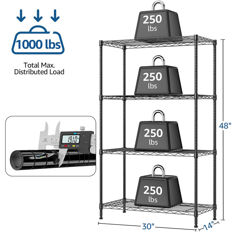 1000 lbs 4Tier Shelf Metal Storage Shelves Wire Rack Closet Organizers for Garage Kitchen Bathroom Laundry Black 13.7" D x 29.5" W x 47.2" H (4 Count)