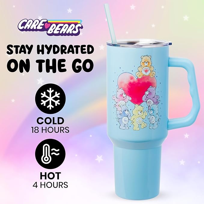 Silver Buffalo Care Bears Watercolor Featuring Tenderheart, Cheer, Grumpy, Funshine, Bedtime, Share Bear Double Walled Stainless Steel Tumbler w Handle & Straw, Fits in Standard Cup Holder, 40 Ounces