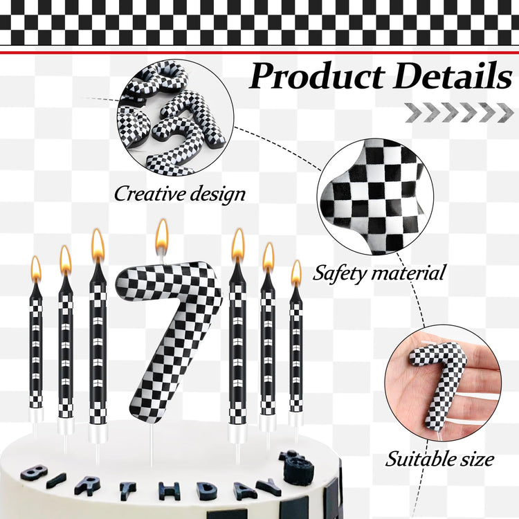 13 Pcs Racing Cars Themed Birthday Candles Black and White Race Number 7 Checkered Candle Cake Topper for Racing Car Party Decoration Supplies (13 Count)