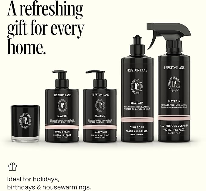 Preston Lane Signature Home Set – All Purpose Cleaner, Dish Soap, Hand Wash, Hand Cream & Scented Candle | Plant-Powered Cleaning & Care Essentials with Fine Italian Fragrance, Mayfair