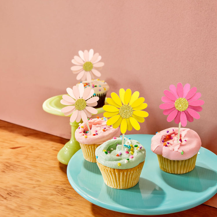 24Pcs Daisy Cupcake Toppers Daisy Cake Decorations Chrysanthemum Cupcake Toppers Spring Daisy Flower Cake Picks for Birthday Wedding Supplies Multicolor 3 (24 Count)