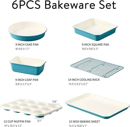 CAROTE 6-Piece Nonstick Ceramic Baking Pans Set - Bakeware Sets Including Cookie Sheets for Baking, Muffin Pan, Bread Pan, Cake pan, Loaf Pan, Cooling Rack, Light Blue & Cream White