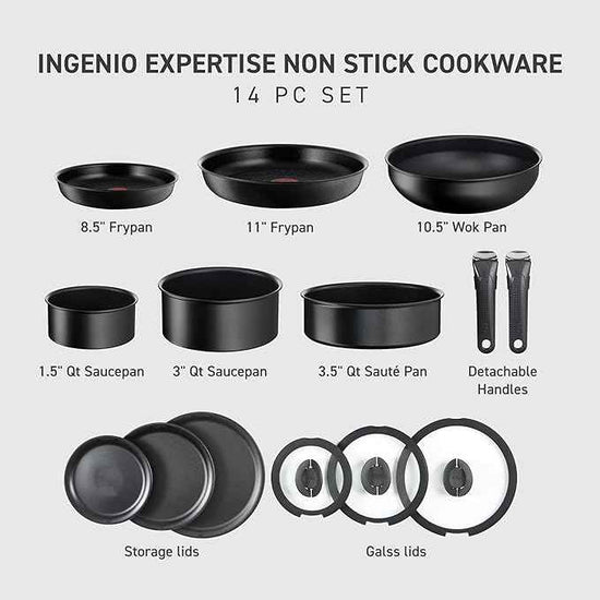 T-fal Ingenio Expertise Non Stick Cookware Set 14 Piece, Induction Oven Broiler Safe 500F, Detachable/Removable Handle, Kitchen, Pots and Pans, RV, Camping, Fry Pans, Saucepans, Dishwasher Safe Black