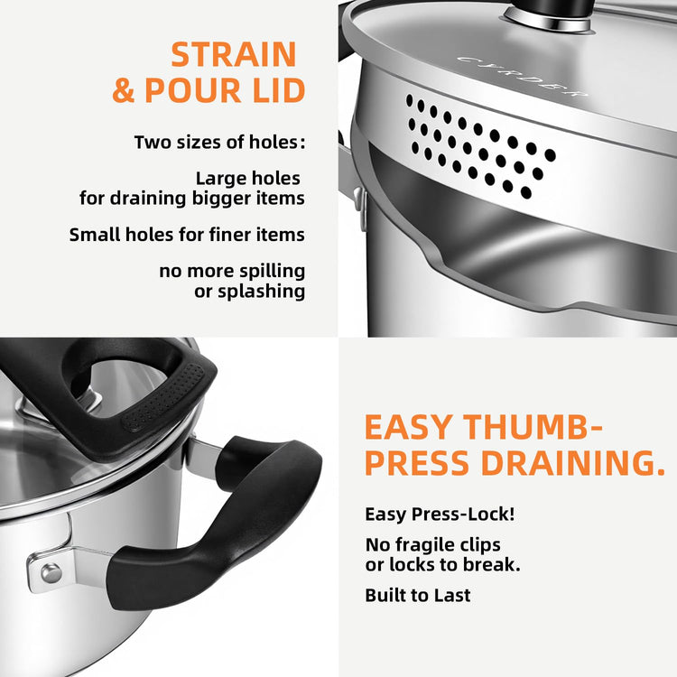 Stainless Steel Pasta Pot with Pour Spout and Strainer