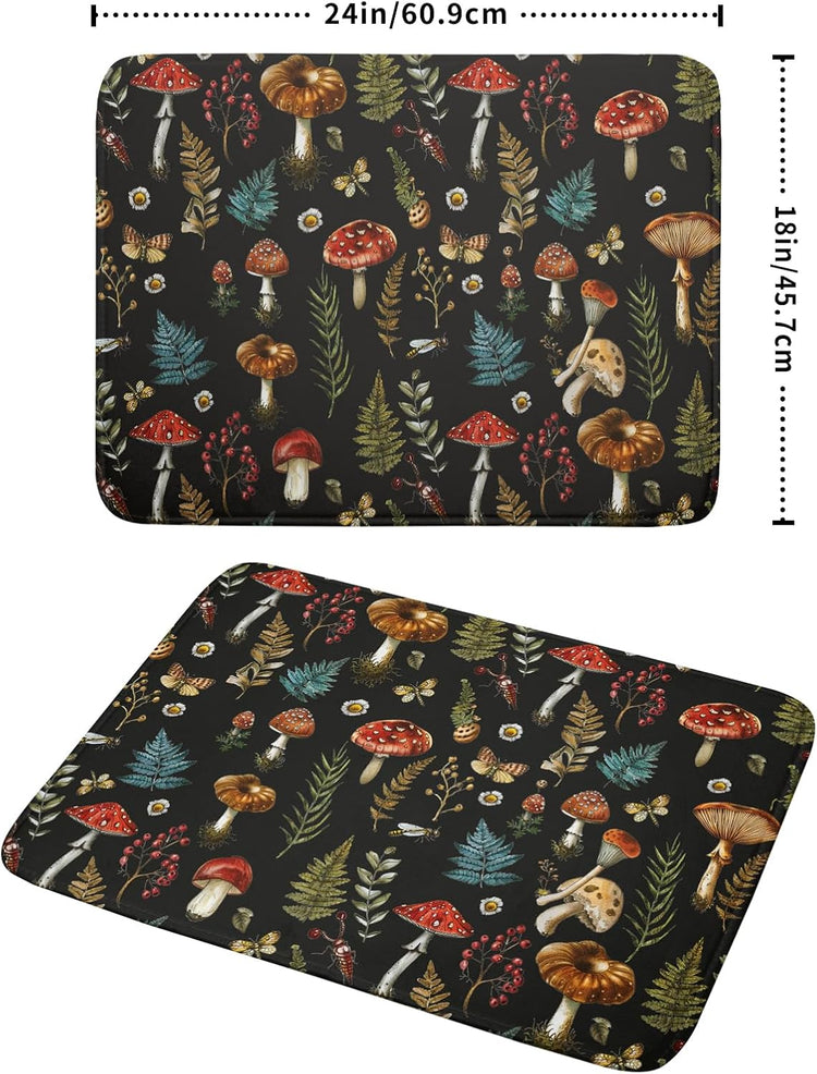Natural Botanical Dish Drying Mat Mushroom Fern Leaves Berry Drainer Mat Black Drying Pad for Countertop 18 X 24 Inch
