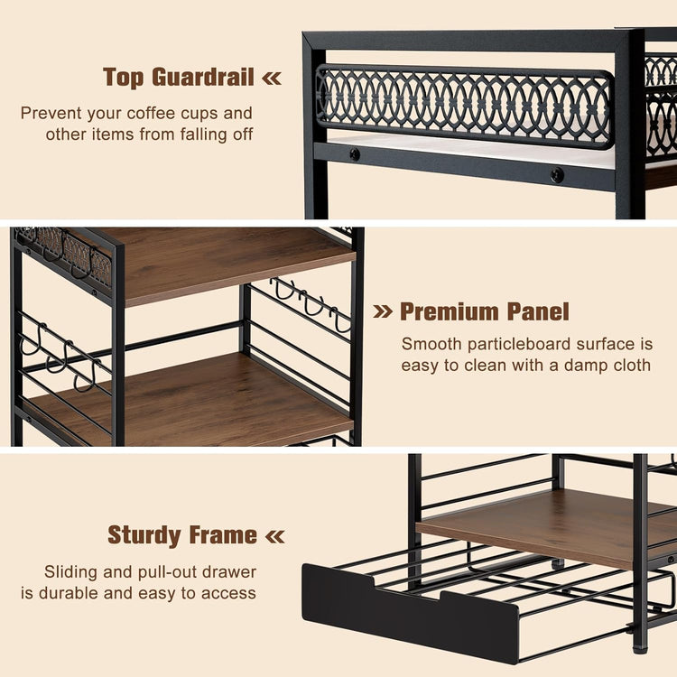Coffee Bar Organizer, 3 Tier Coffee Station Organizer for Countertop, 30 K Cup Pod Drawer, Mug Cup Holder Stand With 12 Hooks, Multifunctional K Pods Shelf Storage Holder Drawer