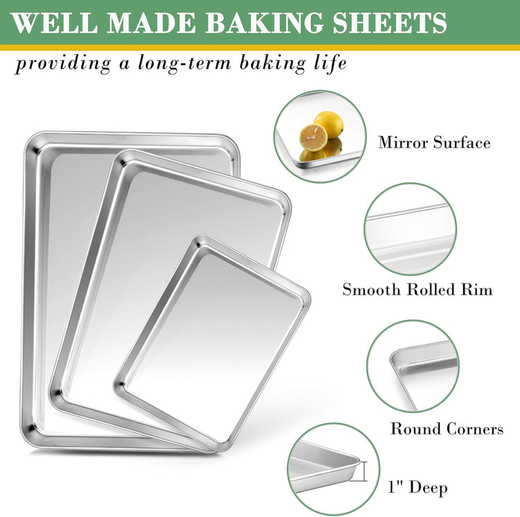 TeamFar Baking Sheet with Rack Set (3 Pans + 3 Racks), Stainless Steel Baking Pan Cookie Sheet with Cooling Rack, Non Toxic & Heavy Duty, Easy Clean & Dishwasher Safe