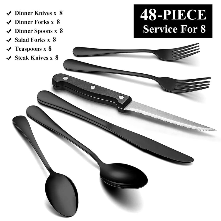 48 Piece Black Flatware Set with Steak Knives (8 Count)