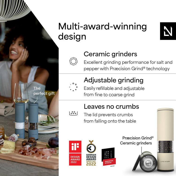 LARS NYSØM Salt and Pepper Grinder Set Manual, Stainless Steel Salt and Pepper Mills with Adjustable Ceramic Grinder I Design Spice Shakers (Green/Beige)