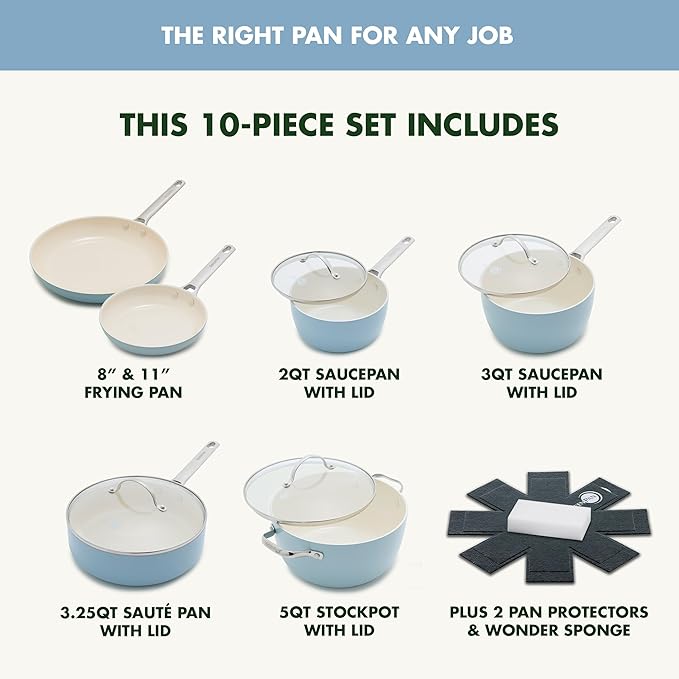 GreenPan Padova Pro 10 Piece Cookware Pots and Pans Set, Hard Anodized Healthy Ceramic Nonstick PFOA and PFAS-Free, Induction Suitable, Stainless Steel Handles, Dishwasher and Oven Safe, Blue Haze