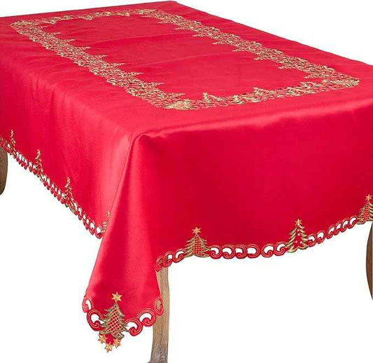 Fennco Styles Pandoro Collection Holiday Embroidered Christmas Tree Cutwork Border 67 x 140 Inch Tablecloth – Red Table Cloth for Christmas Dinner, Family Gathering, Special Events and Home Décor