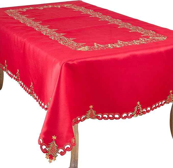 Fennco Styles Pandoro Collection Holiday Embroidered Christmas Tree Cutwork Border 67 x 140 Inch Tablecloth – Red Table Cloth for Christmas Dinner, Family Gathering, Special Events and Home Décor