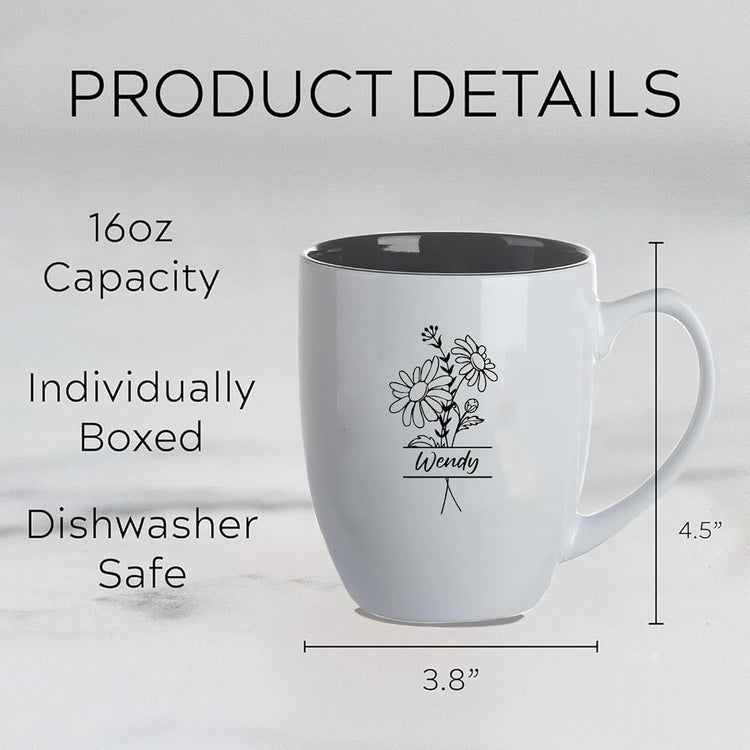 Personalized Coffee Mug, 16oz Engraved Ceramic Birth Flower Mug for Women With Custom Name & Text, Personalized Gifts for Birthday, Valentine, Christmas, Grandma, Wife, Mom, Friends