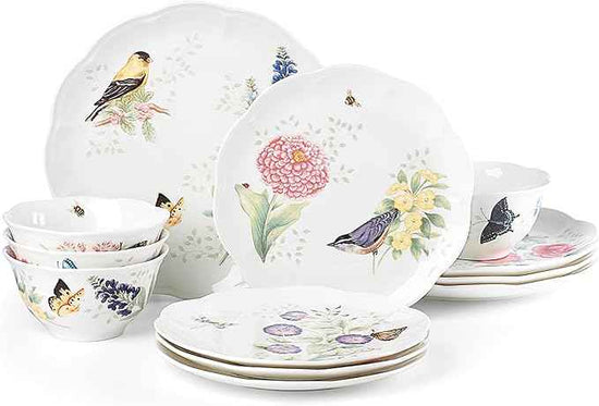 Lenox Dinnerware Set, Butterfly Meadow Flutter 12-Piece Set, Service For 4, Elegant White Porcelain, Dishwasher Safe, Chip Resistant, Plates And Bowls Sets, Home and Kitchen (Assorted, 12 Pieces)