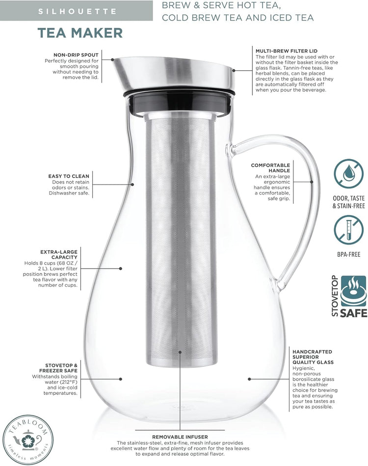 Teabloom Large Multi-Brew Glass Teapot + Kettle + Pitcher (68 OZ / 2.0 L / 8 CUPS) – Brew and Serve Hot Tea, Iced Tea, Cold Brew Tea and Fruit Infused Water – Silhouette Tea Maker